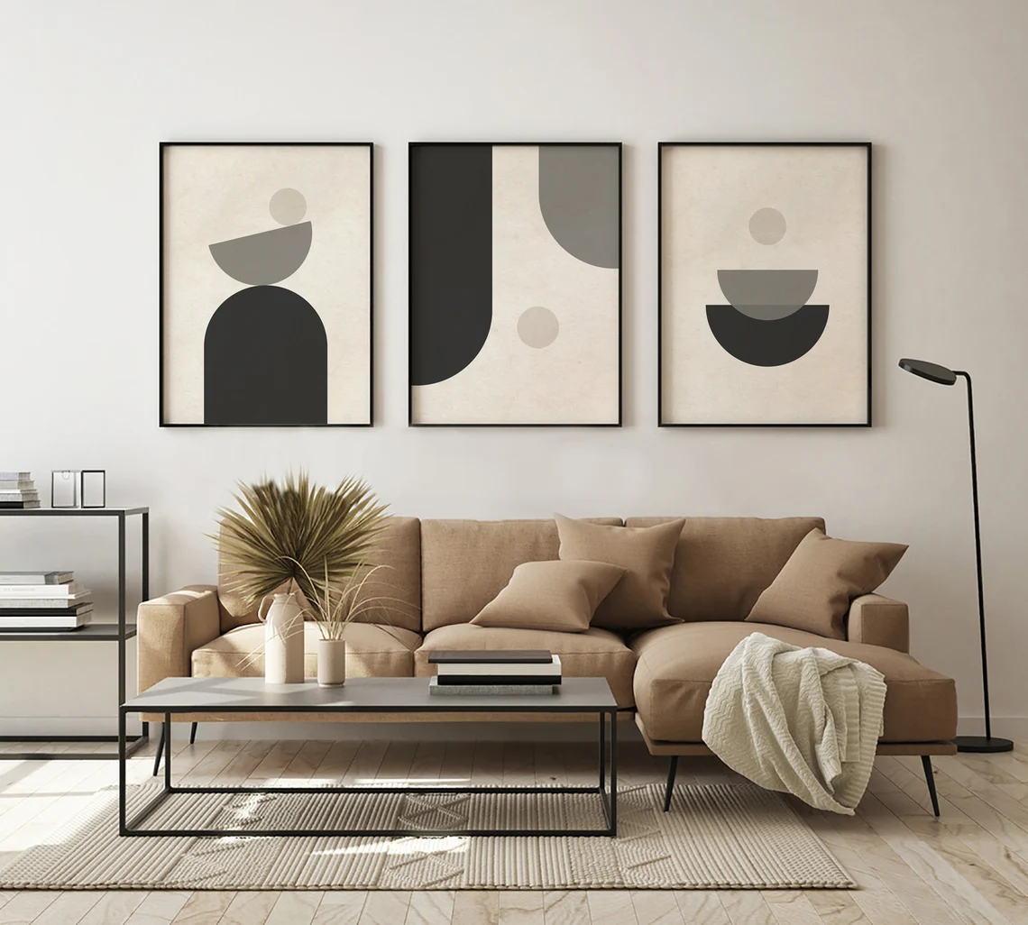 Modern Walling Set of 3 Mid Century Modern Wall Art, Neutral Abstract Geometric, Blac ...
