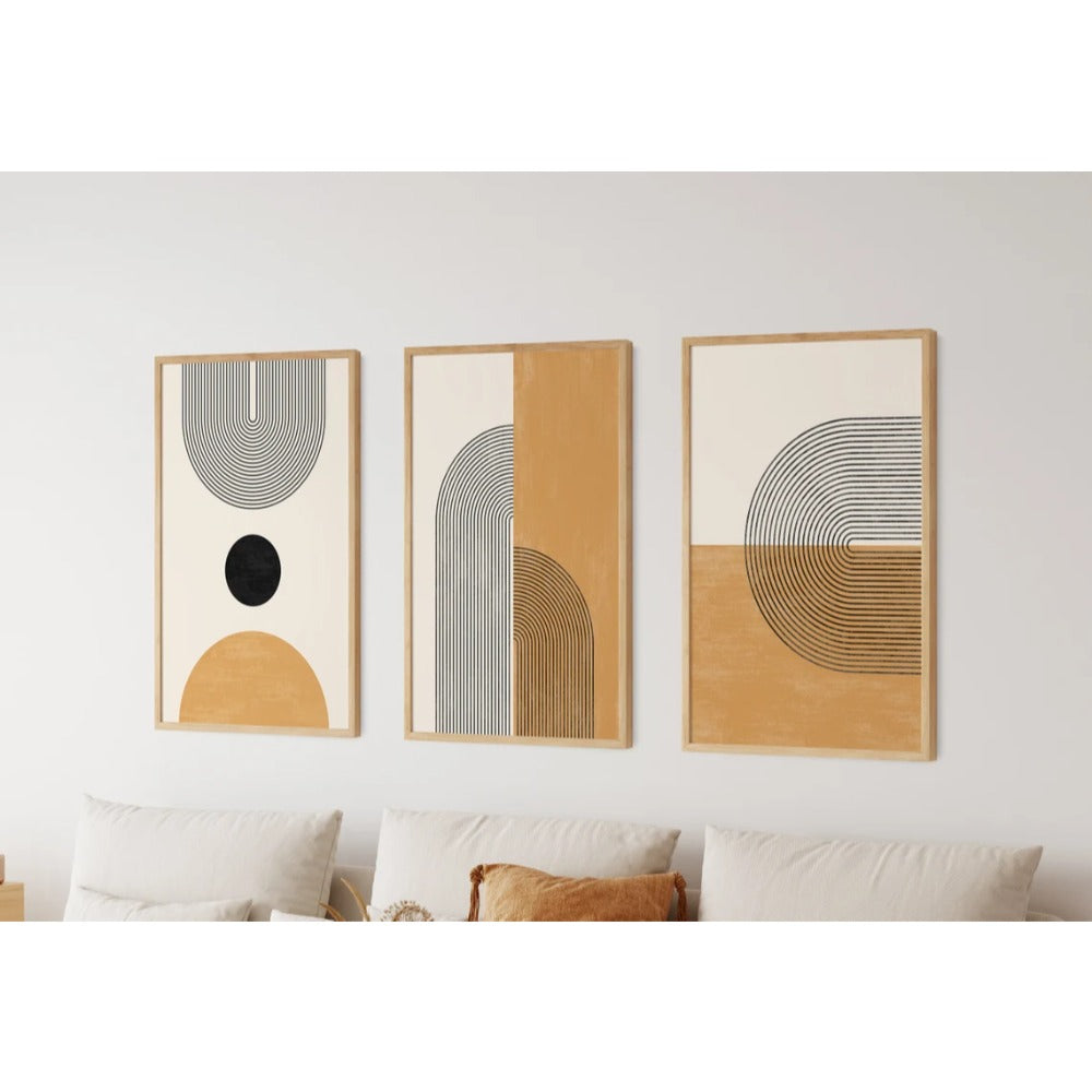 Mid Century Modern Art Set of 3, Yellow and Black, Geometric Wall Art