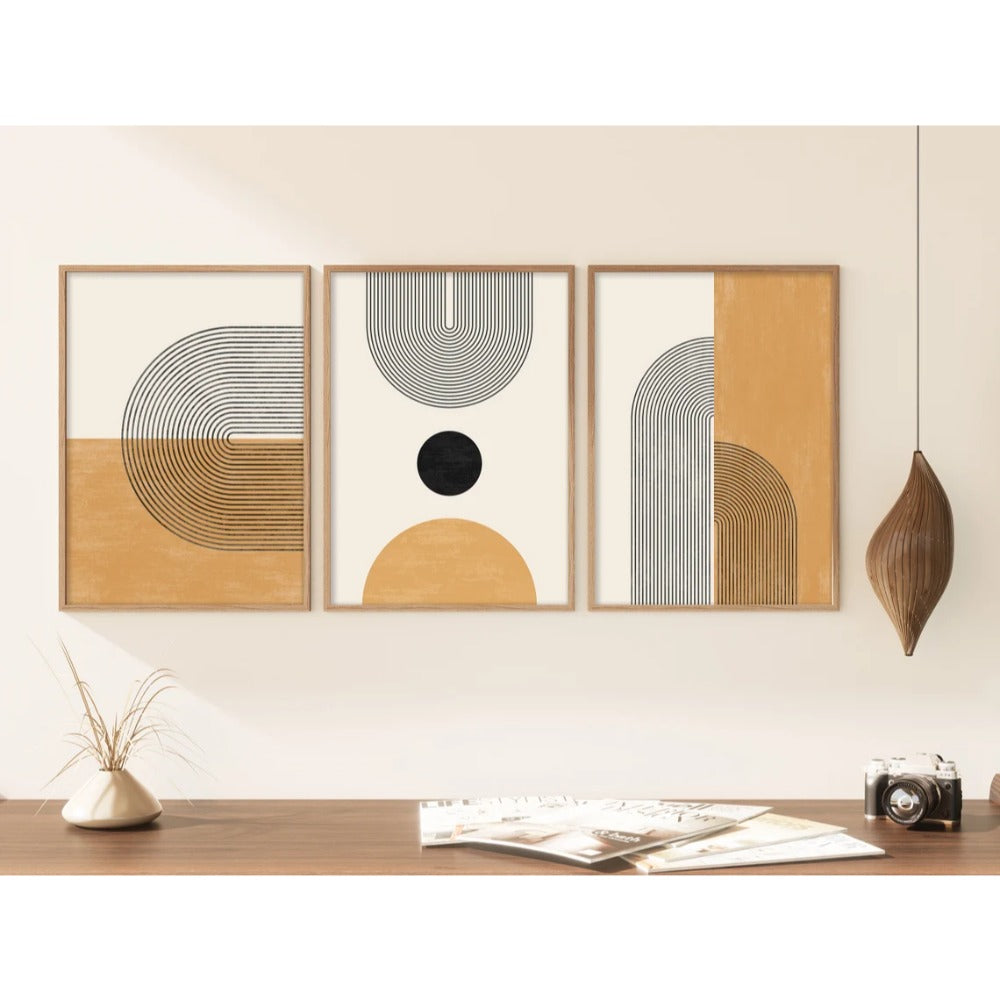 Mid Century Modern Art Set of 3, Yellow and Black, Geometric Wall Art