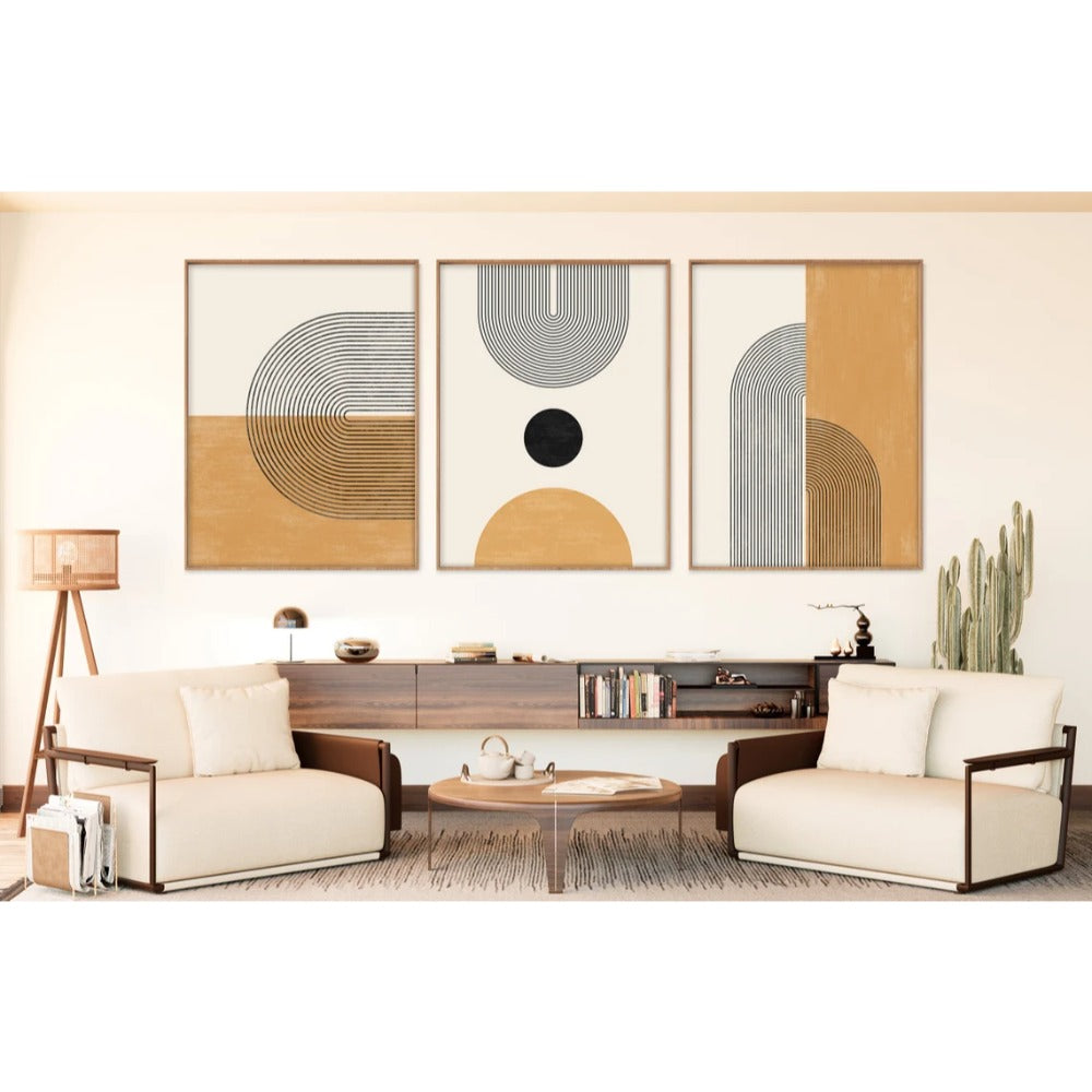 Mid Century Modern Art Set of 3, Yellow and Black, Geometric Wall Art