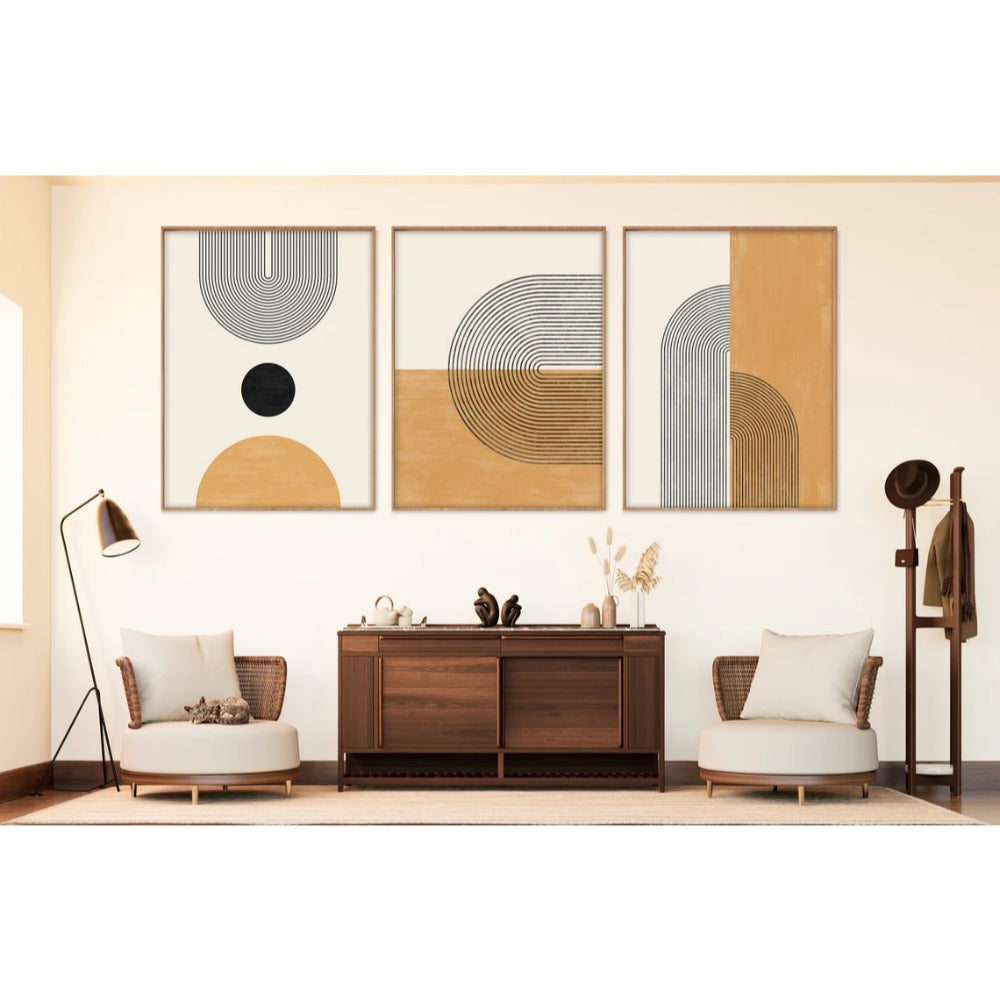 Mid Century Modern Art Set of 3, Yellow and Black, Geometric Wall Art