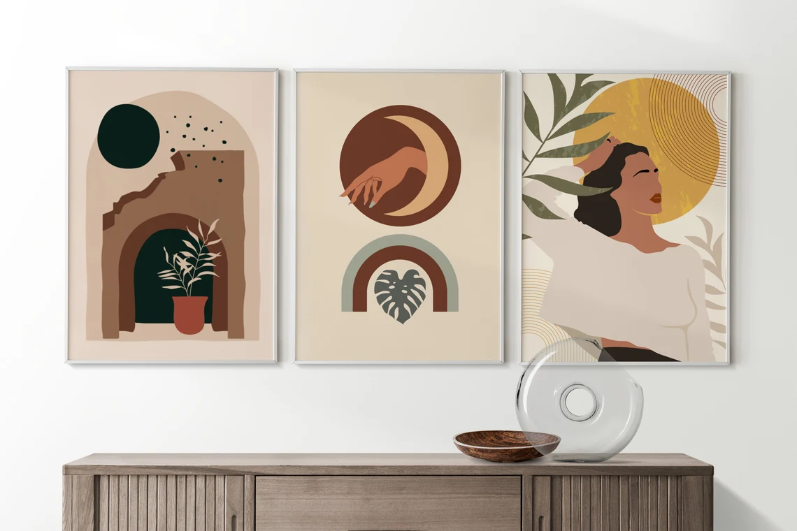 Boho Set Of 3 Women Art, Mid Century Modern Wall Art, Geometric Art