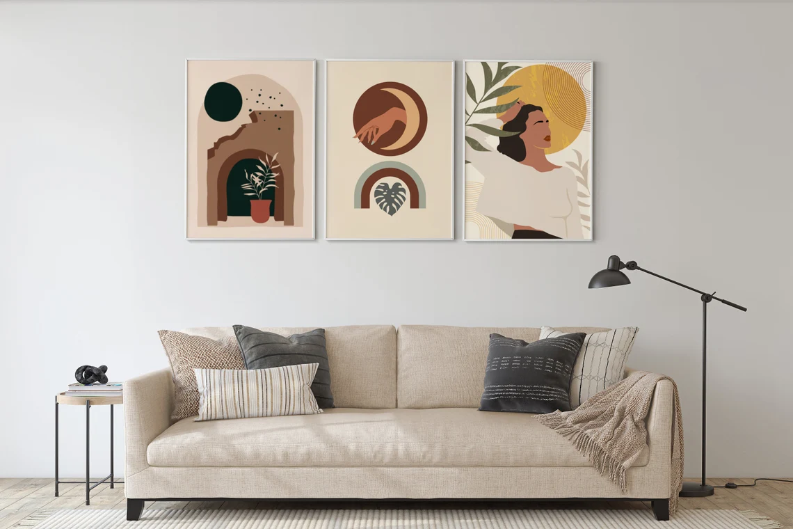 Boho Set Of 3 Women Art, Mid Century Modern Wall Art, Geometric Art