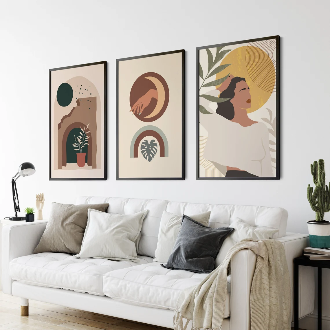 Boho Set Of 3 Women Art, Mid Century Modern Wall Art, Geometric Art