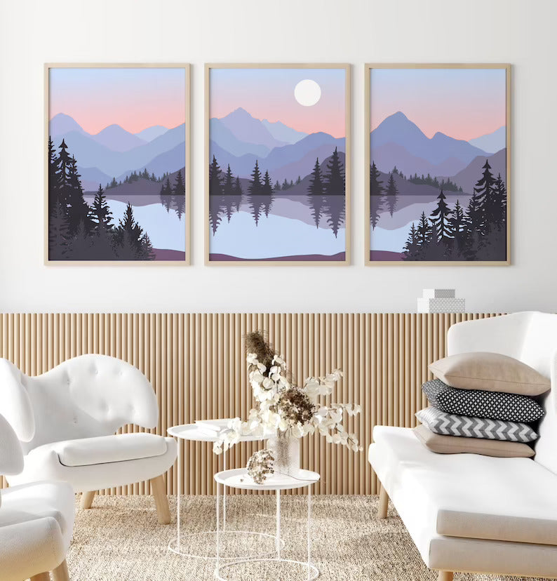 Abstract Mountain Art Lake Set of 3, Blue Grey Peach Landscape, Mid Century Modern Art Trees Scenery