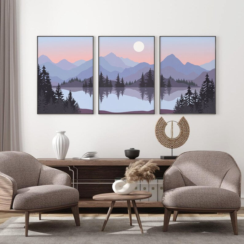 Abstract Mountain Art Lake Set of 3, Blue Grey Peach Landscape, Mid Century Modern Art Trees Scenery