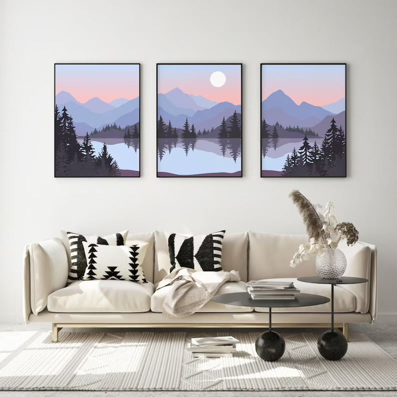 Abstract Mountain Art Lake Set of 3, Blue Grey Peach Landscape, Mid Century Modern Art Trees Scenery
